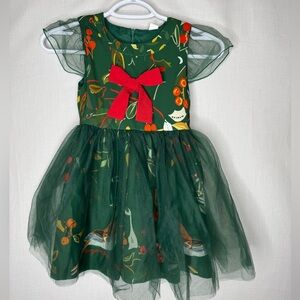 Mini Taylor Girls Green Holiday Dress Sz 4 5 Tulle Birds Holly Bow Formal